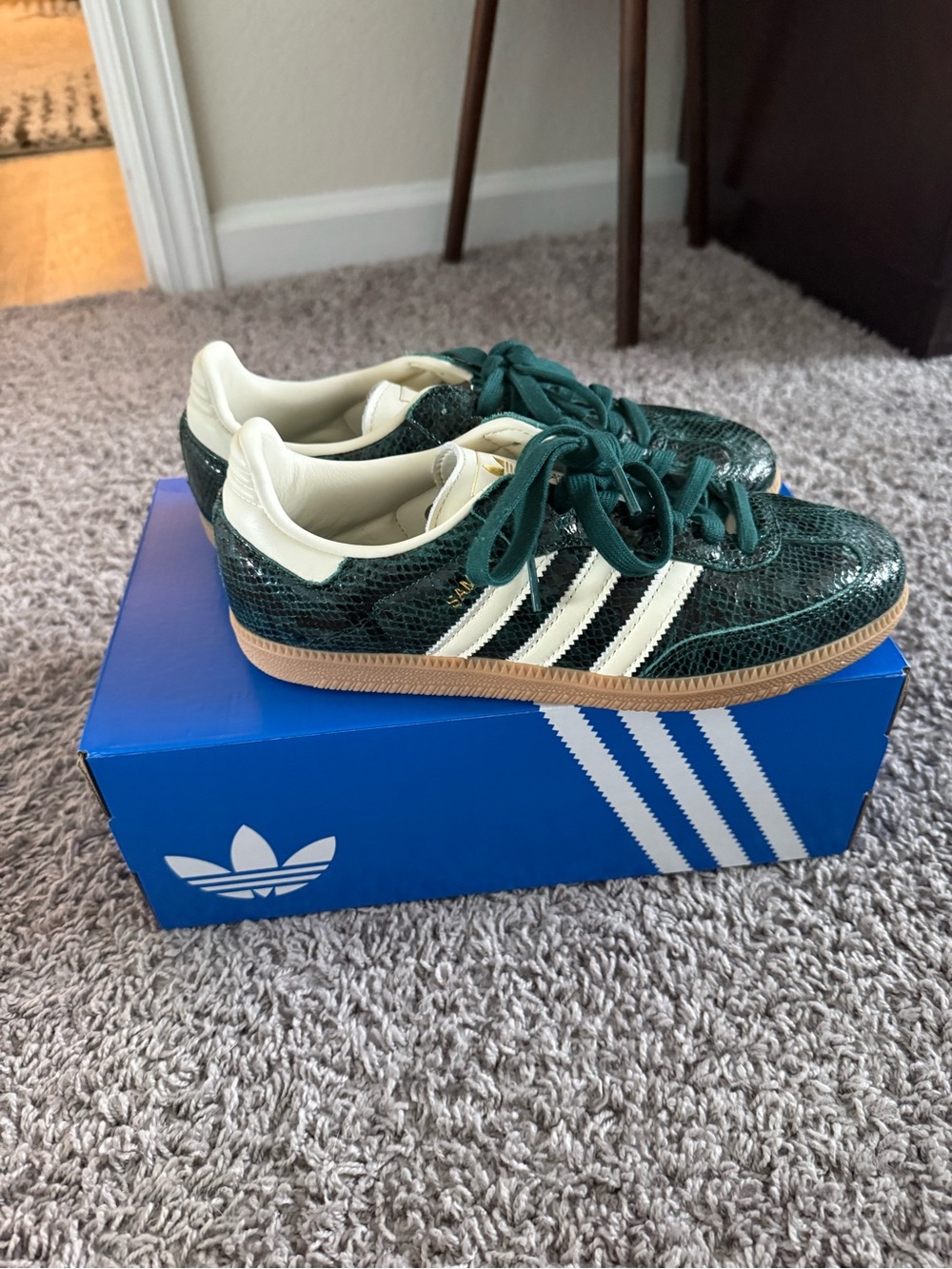 Adidas women’s Samba Sneakers in Green Snakeskin with White Stripes and Gum Sole - Picture 6 of 9